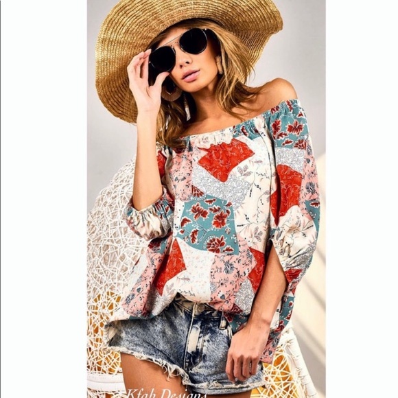 New!Clearance 🔥Boho Floral Patchwork Woven Off Shoulder Ballon Sleeve Soft Top - Picture 11 of 16